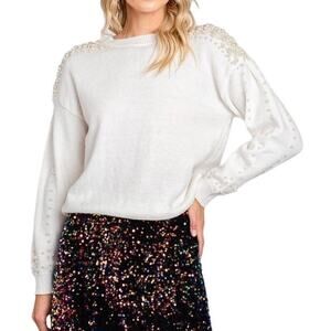 Fate Women's Small Long Sleeve Crew Neck White and Pearl Design Sweaterf